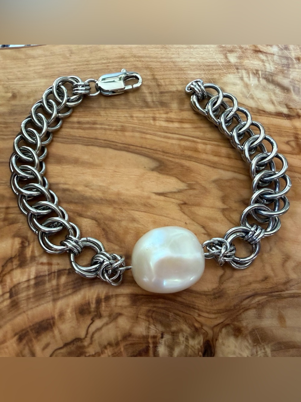 Chainmaille Bracelet with Large White Baroque Pearl